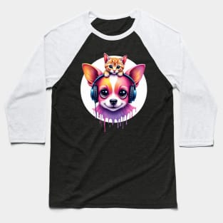 Cute dog with headphones and a cute cat on his head for both cat and dog lovers Baseball T-Shirt